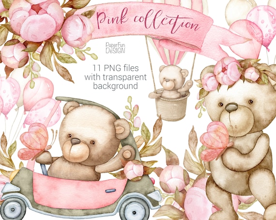 Watercolor Teddy Bear Clipart. Baby Girls Cute. Pink Peony Flowers Kids  Clip Art Individual PNG Commercial Use. It's a Girl. P1 