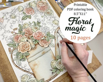PDF, JPEG Digital Adult Coloring Book, Floral Arrangements, Botanical Printable Coloring Page, 8.5''x11'' Romantic coloring book.