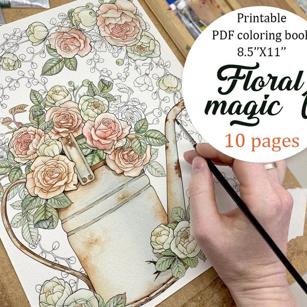 PDF, JPEG Digital Adult Coloring Book, Floral Arrangements, Botanical Printable Coloring Page, 8.5''x11'' Romantic coloring book.