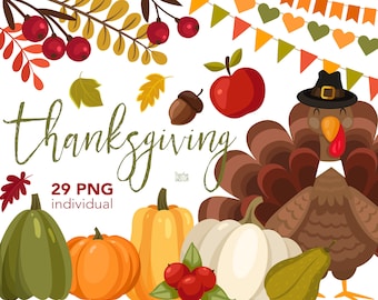 Thanksgiving individual PNG. Colourful autumn clipart, high-resolution turkey, pumpkins, fall harvest clip art. Digital separate elements.