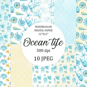 Papel de álbum de recortes digital náutico. Agua de mar azul, tejidos, peces, conchas, criaturas del océano, rayas, fondo de acuarela. Uso comercial.