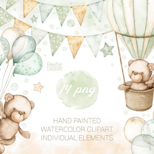 Watercolor Teddy Bear clipart. Baby Boy, Girl Cute Kids clip art. Individual PNG, JPEG files. Commercial use.