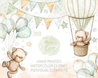 Watercolor Teddy Bear clipart. Baby Boy, Girl Cute Kids clip art. Individual PNG, JPEG files. Commercial use.