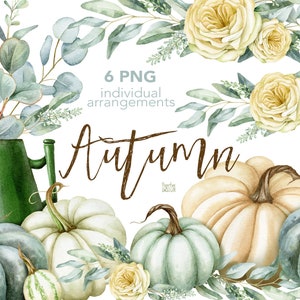 Arrangements aquarelle de citrouilles de Thanksgiving. Élégant bouquet floral d'eucalyptus et de roses jaunes. Clipart de pot de thé vert émaillé.