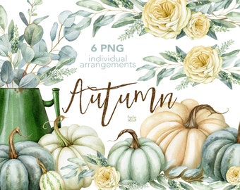 Watercolor Thanksgiving pumpkins arrangements. Elegant floral bouquet with eucalyptus and yellow roses. Enamel green thee pot clipart.