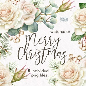 Clipart de Natal em aquarela. Clipart de inverno de alta qualidade. Arranjos de férias, rosas, pinheiros, eucaliptos. Desenhos de sublimação para impressão.
