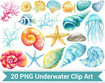 Nautical Clipart. Watercolor Underwater Clip Art, Sea Creatures, Hand Painted Clipart, Seaweeds, Shell, Fish Clipart, Ocean Life.