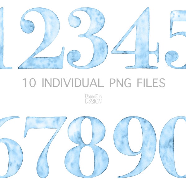 Watercolor Numbers Clipart. Numeral clip art Blue boys symbols. Digital individual PNG files. Instant download.