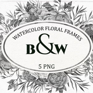 Cornice floreale in bianco e nero. Bordo digitale dell'acquerello, clipart di fiori grigi. Composizione floreale, ClipArt di invito a nozze.
