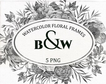 Black and white Floral Frame. Digital watercolor Border, grey flowers clipart.  Floral Arrangement, Wedding invitation clip art.
