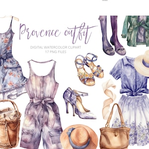 Provence Outfit Digital Watercolor clipart. AI illustration. Women&#39;s lavender clothing, dress, shoes, bag. Instant download. Commercial use