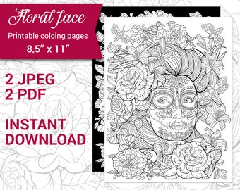 PDF, JPEG Printable adult coloring page. Botanical printable coloring page. Girl face, portrait.  Flowers and leaves coloring.