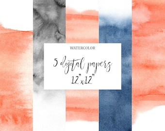Watercolor painted  background. Hand painted wedding invitation background, 12''x12'' Digital Paper.  Coral, Blue, Black .