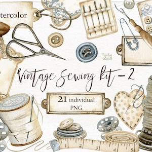 Aquarel vintage naaien illustraties. Branding kit, ouderwetse clipart, handwerk, stiksel, schaar DIY clipart. Individuele PNG-bestanden.