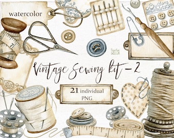 Aquarel vintage naaien illustraties. Branding kit, ouderwetse clipart, handwerk, stiksel, schaar DIY clipart. Individuele PNG-bestanden.
