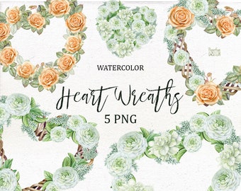 Watercolor heart wreath clipart. Watercolor floral wreath clip art, Romantic Flowers, Rose, Wedding Wreath, Valentine's Day.