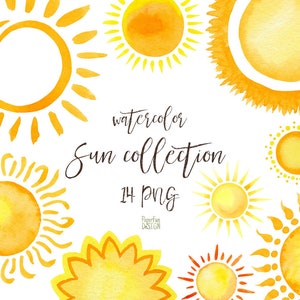 Watercolor Sun clipart. Individual PNG, hand painted watercolour digital Sun clip art. Yellow and orange warm sun, summer, vacation.