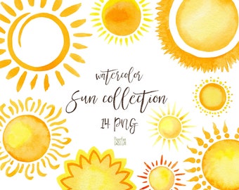Watercolor Sun clipart. Individual PNG, hand painted watercolour digital Sun clip art. Yellow and orange warm sun, summer, vacation.