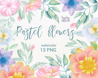 Fiori pastello dell'acquerello. Clipart floreali ad alta risoluzione. Download istantaneo.