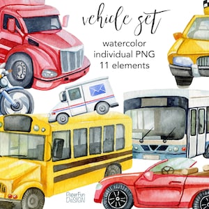 水彩画の車のデジタル クリップ アート、交通機関のクリップ アート、青、赤、黄色の車両のイラスト、郵便、バス、学校、自転車、オートバイ、タクシー。