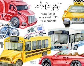 Watercolor Cars digital clip art, Transportation clipart, Blue Red Yellow Vehicle Illustration, Post, Bus, School, bike, motorcycle, taxi.