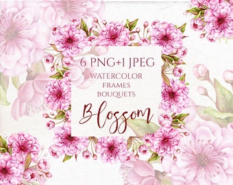 Cadre aquarelle de fleurs de cerisier et clip art bouquet. Clipart de fleurs de Pâques. Fleurs roses de printemps romantiques de mariage. Papier numérique floral.