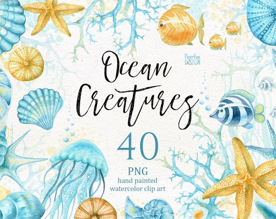 Watercolor Ocean Creatures. Individual PNG Clipart. Blue and - Etsy