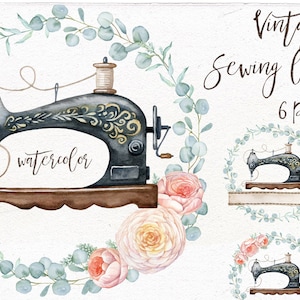 Digitales Aquarell-Vintage-Nählogo. Nähmaschine mit Blumenkranz Label.