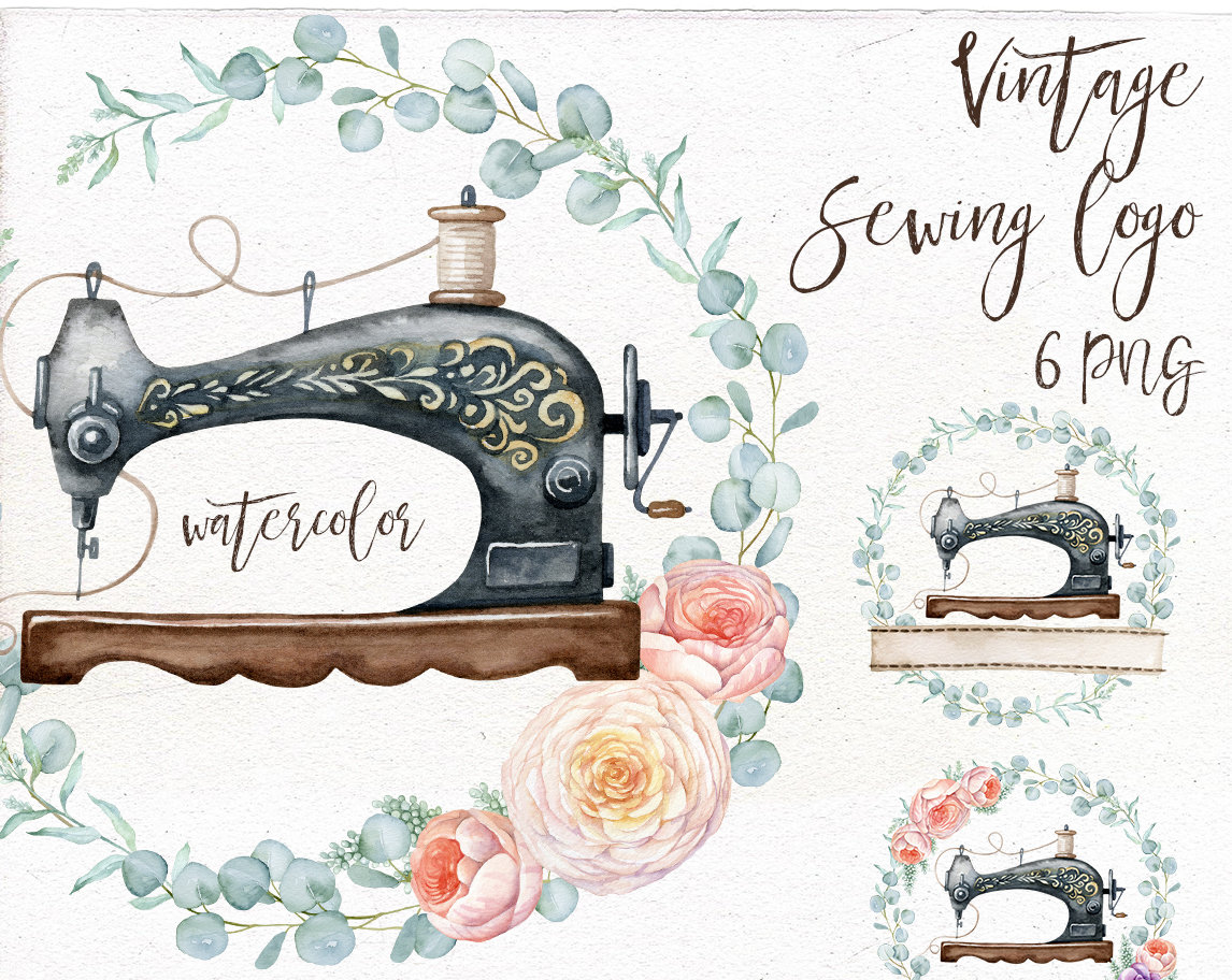 Digital Watercolor Vintage Sewing Logo. Sewing Machine With Floral