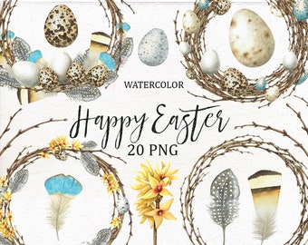 Happy Easter Clipart, Digital Watercolor Clip Art, Easter Wreath, Feathers, Eggs, Spring Branch, Yellow Flowers.