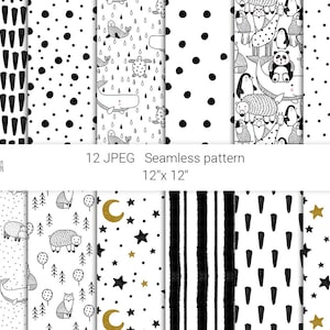 Pacchetto cartaceo digitale. modelli senza soluzione di continuità Modelli monocromatici in stile scandinavo in bianco e nero. Modelli senza cuciture per bambini. Tessuto per la cameretta.