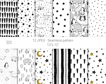 Digitales Papier. nahtlose Muster Schwarz und Weiß skandinavischen Stil Monochrome Muster. Kinder nahtlose Muster. Kinderzimmerstoff.