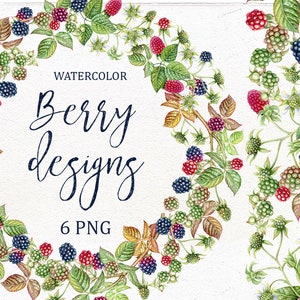 Summer Wreath Blackberries, Raspberries Watercolor Clipart Hand Drawn. Individual DIY elements, digital paper, frame, border. PNG files.