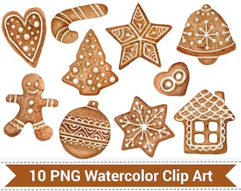 Watercolor Christmas gingerbread clipart. Digital hand painted cookies clip art. Commercial use. High resolution. Gingerbread House.