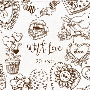 Clip-art de amor em estilo country. Clipart de decoração vintage. Pássaro vintage, corações, amor, decoração romântica, design de convite.