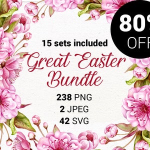 Pasen clipart bundel. Aquarel Pasen PNG, afdrukbare paasarrangementen, krans, kersenbloesem, Sakura bloemen, eieren.