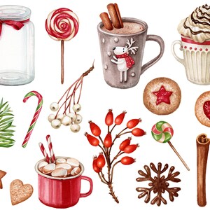 May include: A watercolor illustration of various winter holiday themed items, including a red and white candy cane, a red and white lollipop, a glass jar with a red ribbon, a brown mug with a reindeer design, a red mug with marshmallows, a white mug with whipped cream, a brown snowflake, two cinnamon sticks, a sprig of holly with red berries, a sprig of white berries, two gingerbread cookies, and two cookies with red jam.