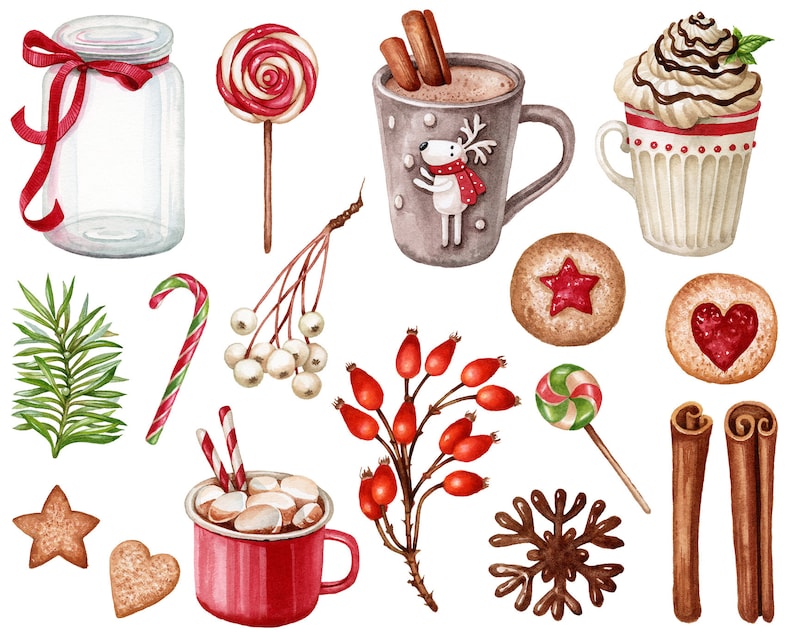May include: A watercolor illustration of various winter holiday themed items, including a red and white candy cane, a red and white lollipop, a glass jar with a red ribbon, a brown mug with a reindeer design, a red mug with marshmallows, a white mug with whipped cream, a brown snowflake, two cinnamon sticks, a sprig of holly with red berries, a sprig of white berries, two gingerbread cookies, and two cookies with red jam.
