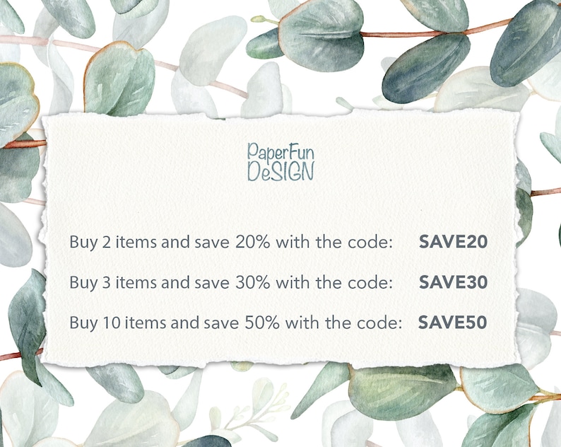 Op de afbeelding: Een witte papieren notitie met een gescheurde rand, met de tekst "PaperFun DESIGN" bovenaan. De notitie vermeldt kortingen voor het kopen van meerdere artikelen, met de tekst "Koop 2 artikelen en bespaar 20% met de code: SAVE20", "Koop 3 artikelen en bespaar 30% met de code: SAVE30", en "Koop 10 artikelen en bespaar 50% met de code: SAVE50".