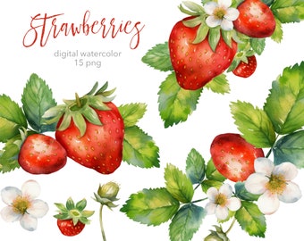 Strawberries Digital Watercolor clipart. AI illustration. Summer berries clip art. Instant download. Commercial use.