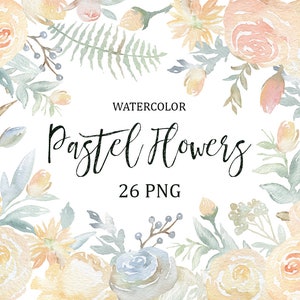 Fiori romantici dell'acquerello, fiori pastello pasquali, elementi di scrapbooking floreali dipinti a mano, fiori nuziali, design di inviti.