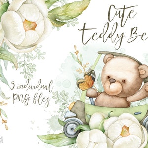 Watercolor Teddy Bear clipart. Baby Boy, Girls Cute Kids clip art. Individual PNG. Commercial use. Instant download.
