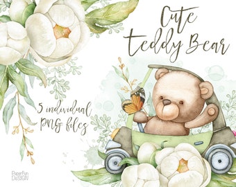 Watercolor Teddy Bear clipart. Baby Boy, Girls Cute Kids clip art. Individual PNG. Commercial use. Instant download.