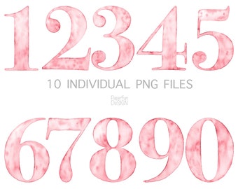 Clipart di numeri dell'acquerello, clip art di numeri Simboli di ragazze rosa singoli file PNG digitali Download istantaneo, P1 ad alta risoluzione