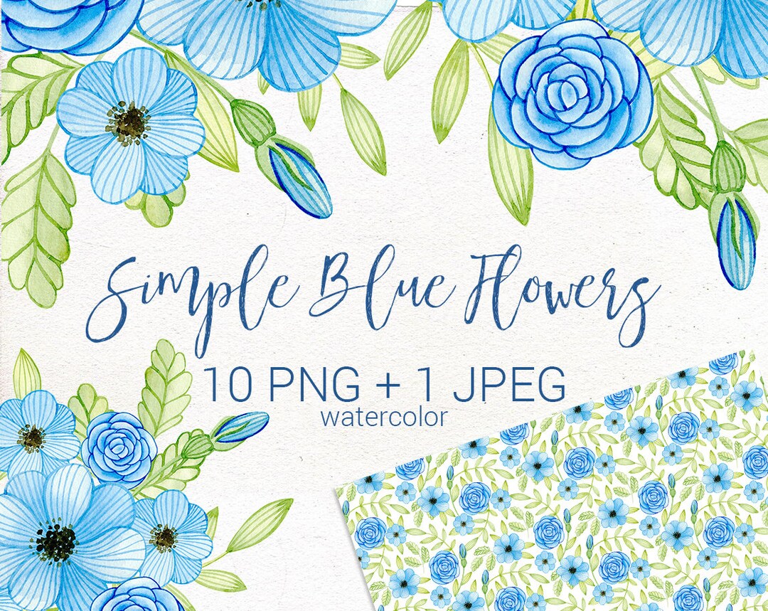 Watercolor Blue Simple Flowers. Hand Painted Flower Clip Art, Seamless