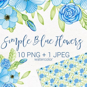 Flores simples de color azul acuarela. Imágenes prediseñadas de flores pintadas a mano, papel digital sin costuras, arreglos y ramos, PNG.