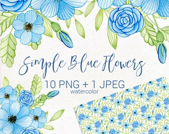 Watercolor blue simple flowers. Hand painted flower clip art, seamless digital paper, arrangements and bouquets, PNG.