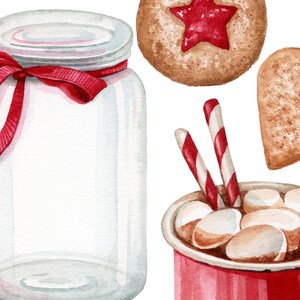 May include: A watercolor illustration of a set of winter holiday themed items. The set includes a glass jar with a red ribbon, a red and white striped candy cane, a red mug with hot chocolate and marshmallows, a heart-shaped gingerbread cookie, and a star-shaped cookie with red jam.