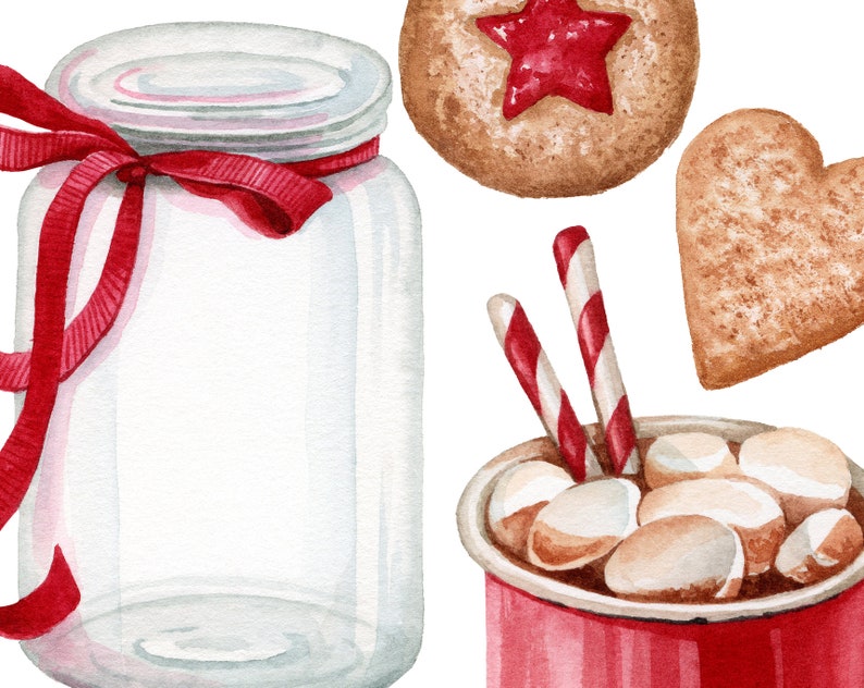 May include: A watercolor illustration of a set of winter holiday themed items. The set includes a glass jar with a red ribbon, a red and white striped candy cane, a red mug with hot chocolate and marshmallows, a heart-shaped gingerbread cookie, and a star-shaped cookie with red jam.