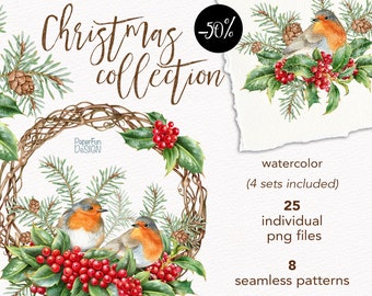 Watercolor Christmas collection clipart. Winter Robin birds, Holly leaves and berries. Sublimation holiday designs, printable PNG.